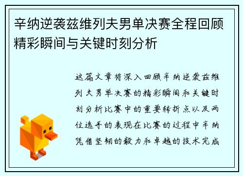 辛纳逆袭兹维列夫男单决赛全程回顾精彩瞬间与关键时刻分析