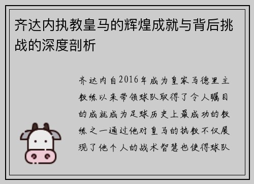 齐达内执教皇马的辉煌成就与背后挑战的深度剖析