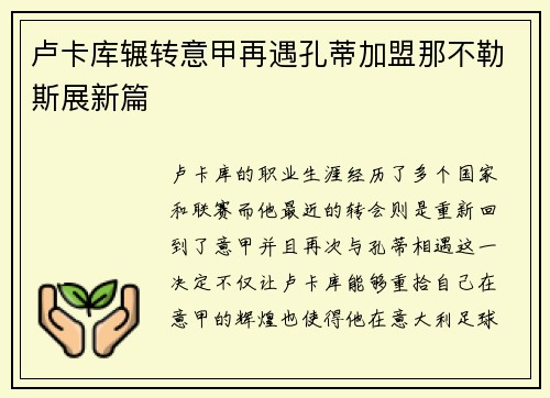 卢卡库辗转意甲再遇孔蒂加盟那不勒斯展新篇